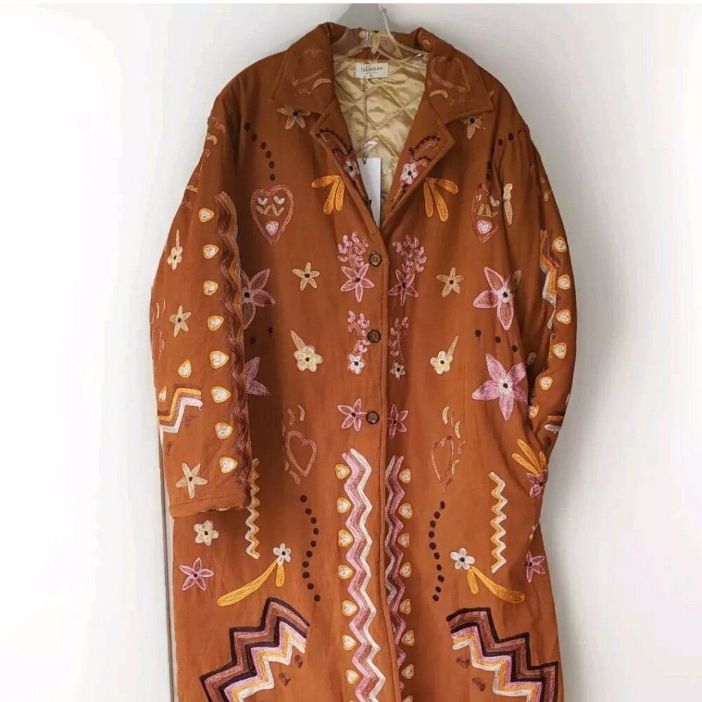 Talisman Women's Woodstock  Coat Brown Corduroy Embroidered Quilted Long Size XL
